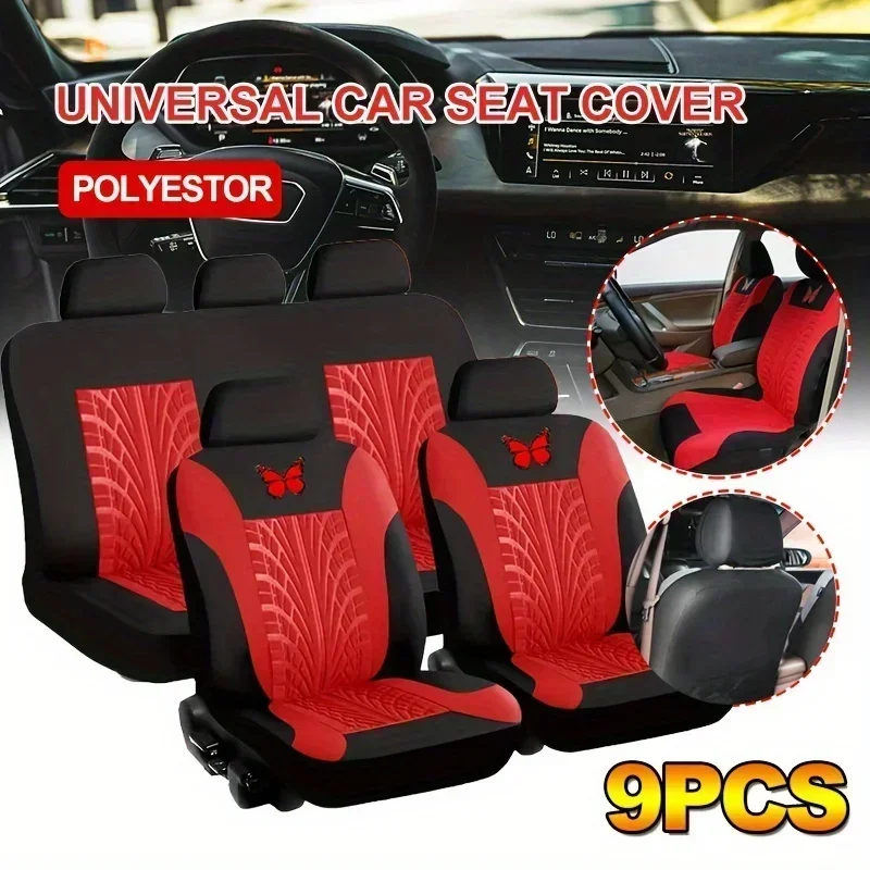 

2/4/9PCS Universal Car Seat Cover Set - Red Butterfly Embroidery Design - Protects Seats From Stains, Spills, And Wear