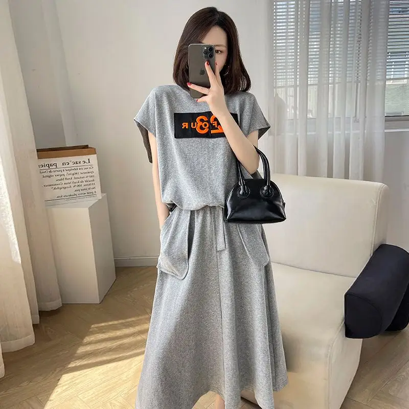 Solid Color Comfortable Casual Two Piece Set Summer Straight Loose Women\'s Clothing Ladies Sleeveless Pullovers A-line Skirt