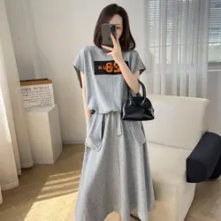 Solid Color Comfortable Casual Two Piece Set Summer Straight Loose Women's Clothing Ladies Sleeveless Pullovers A-line Skirt