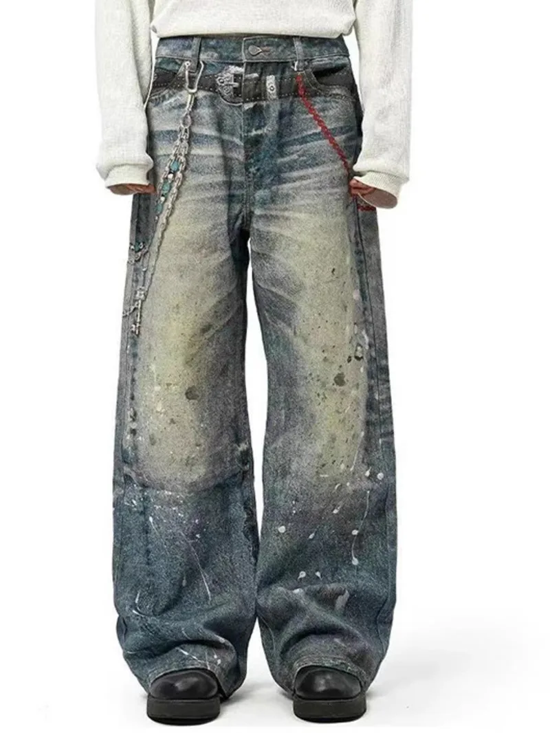 Niche Design Men's Denim Pants Chain Printing Contrast Color Splash-ink Casual Wide Leg Vintage Loose Male Jeans 9WHI6N