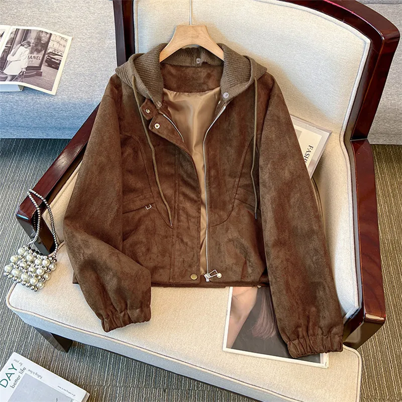 Coffee Color Army Green Short Faux Suede Jacket Removable Knitted Hooded Patchwork Long Sleeve Female Cropped Coat Streetwear