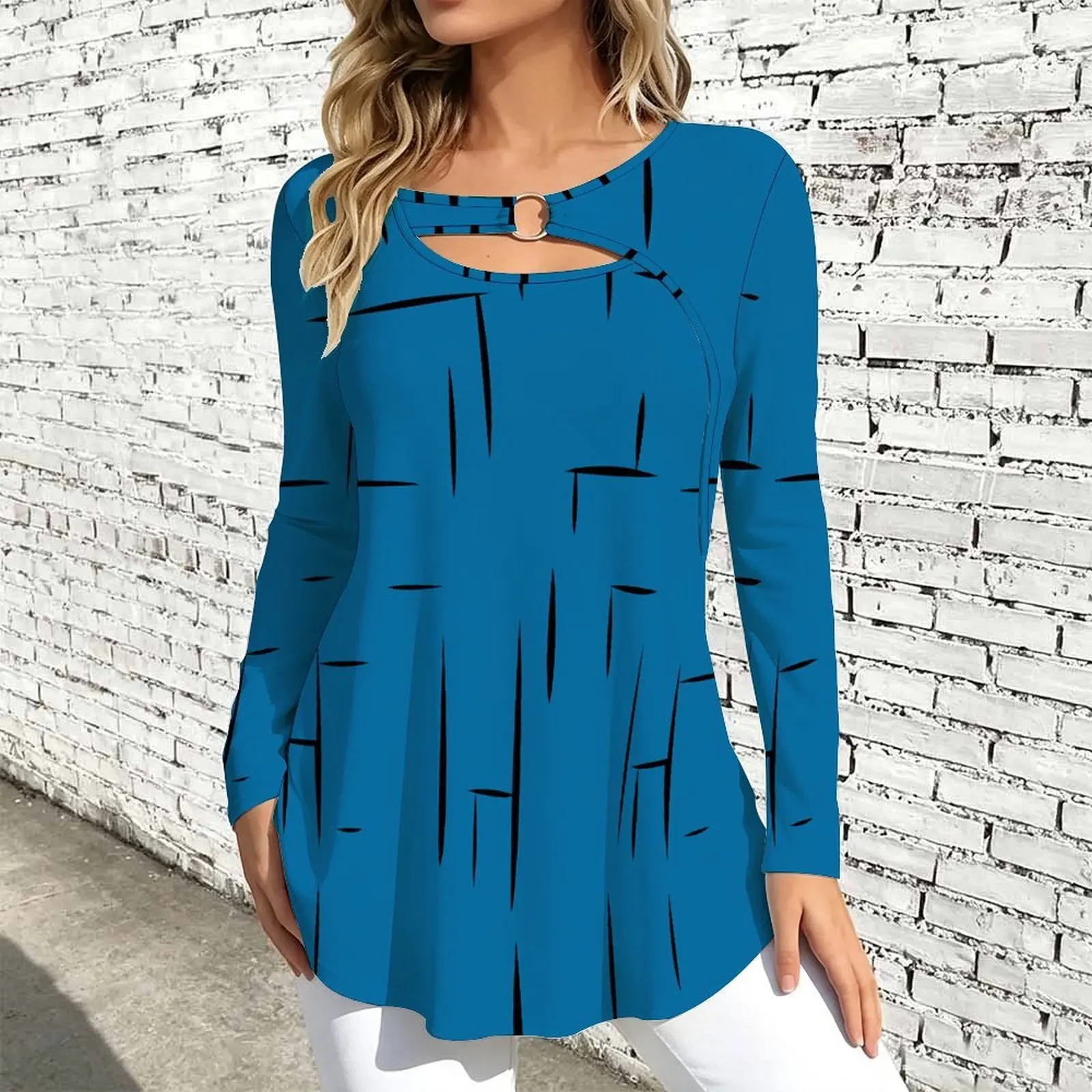 Women Long Sleeve Tunic Top Print O Ring Cutout Neck Loose A Line Hem Casual Ladies Blouse