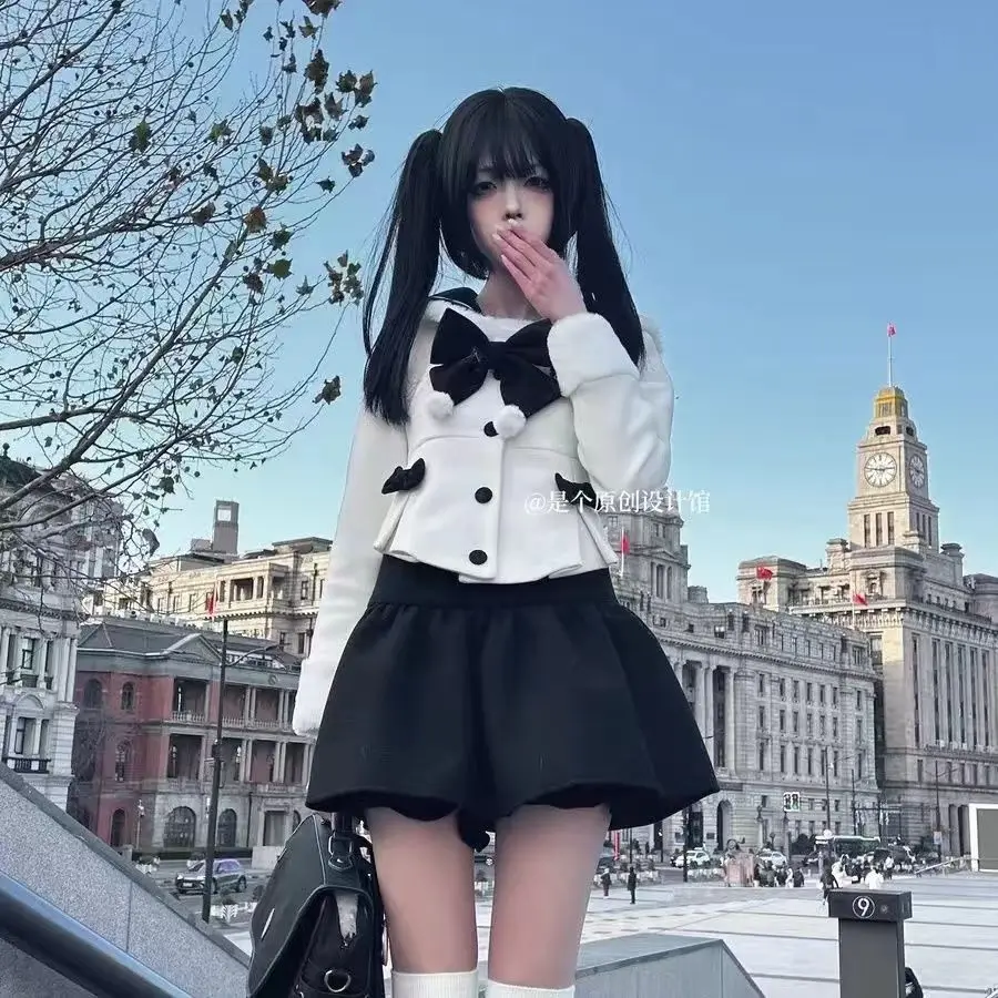 

Autumn Preppy Style Sailor Collar Plush Patchwork Slim Waist Coat + Sweet A-line Skirt Two Piece Sets Lolita Bow Y2k Suits