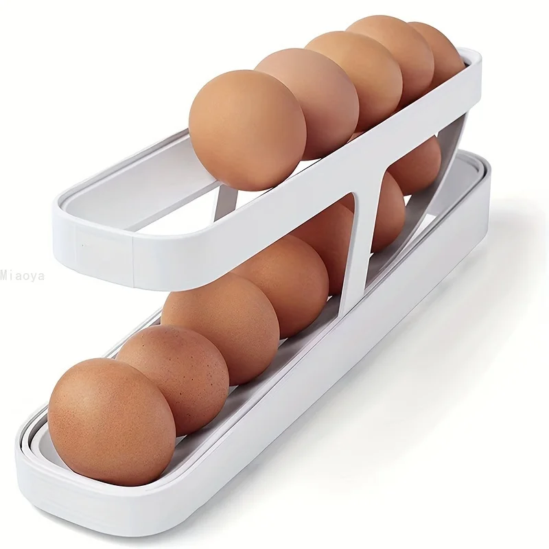 

1pc Egg Dispenser, Automatic Roll-on 2-Tiers Egg Trays, Storage Box for Refrigerator Plastic Basket, Fresh-Keeping serving tray
