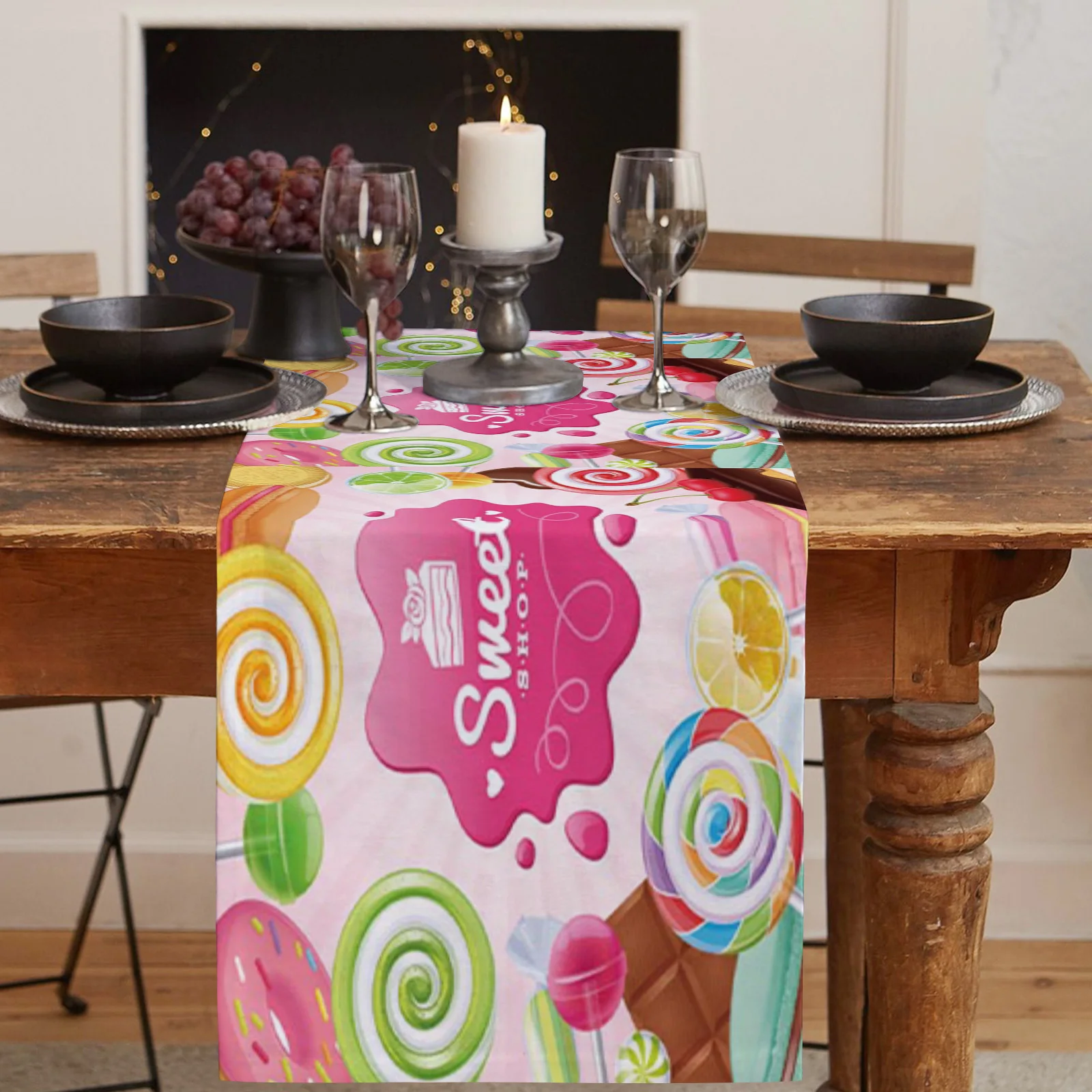 Table Decor Table Runner Candy Cake Macaron Colorful Pattern Coffee Table Cover Cloth Wedding Party Restaurant Table Runner