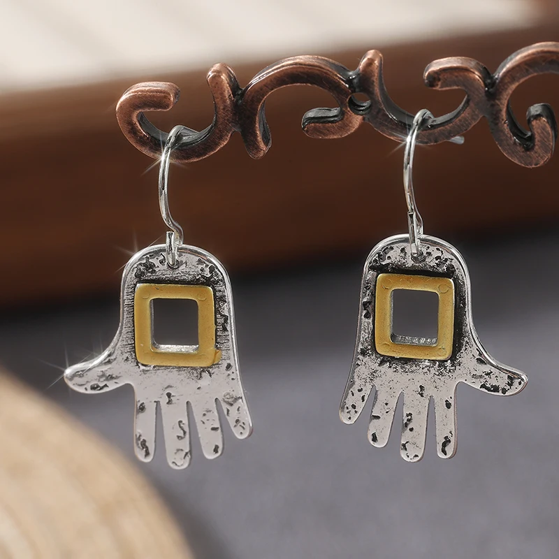 Böhmische Tropfenohrringe für Frauen, ethnische Retro-Silberfarbe, handförmige baumelnde Ohrringe, zweifarbiger Schmuck, Geschenke