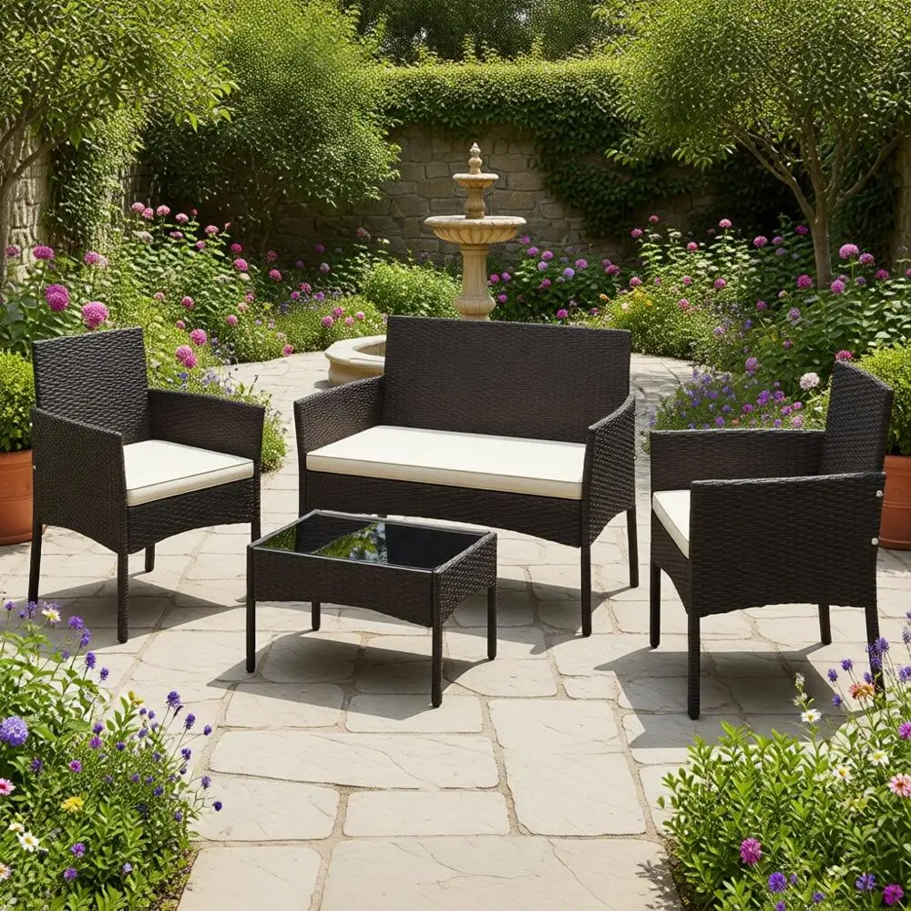 

Комплект садовой мебели из ротанга из 4 предметов: двухместный диван с подушками и стеклянный стол для улицы