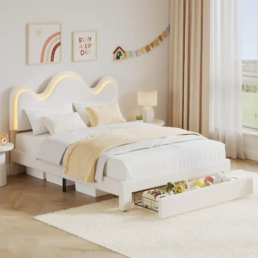 Princess Boucle Upholstered Bed Frame for or Girls, White, Queen
