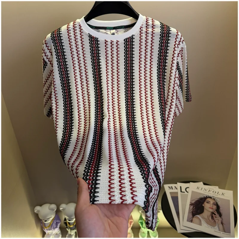 

2026 New Striped Jacquard Knitted T-shirt Retro Round Neck Ice Silk Casual T-shirts Short Sleeve Business Social Streetwear Tops