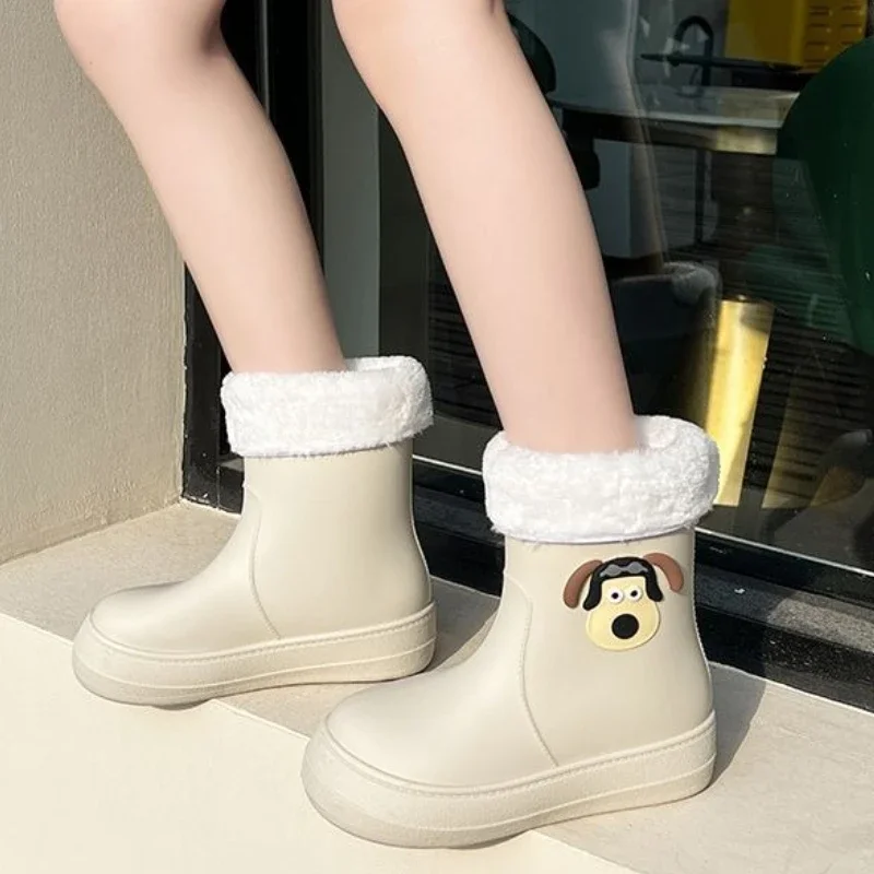 

Influencer Korean Style Women's Mid Calf Rain Boots Cute Pattern Waterproof Non Slip Durable Kitchen Fleece Lined Warm Shoes