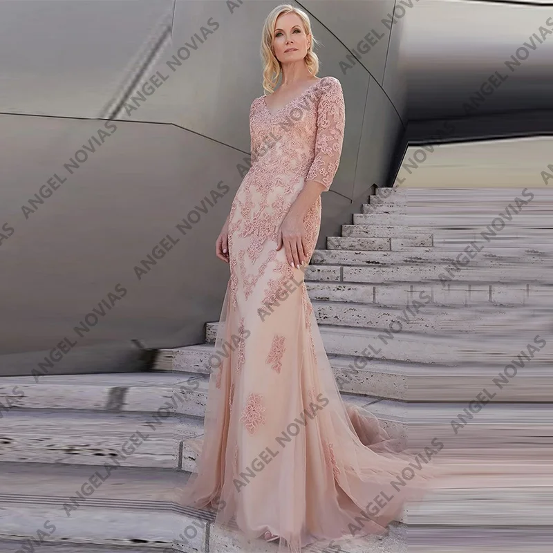 

Muslim Long Mermaid Pink Lace Mother of the Bride Dresses Customized Evening Party Dresses vestido boda mama dela novia