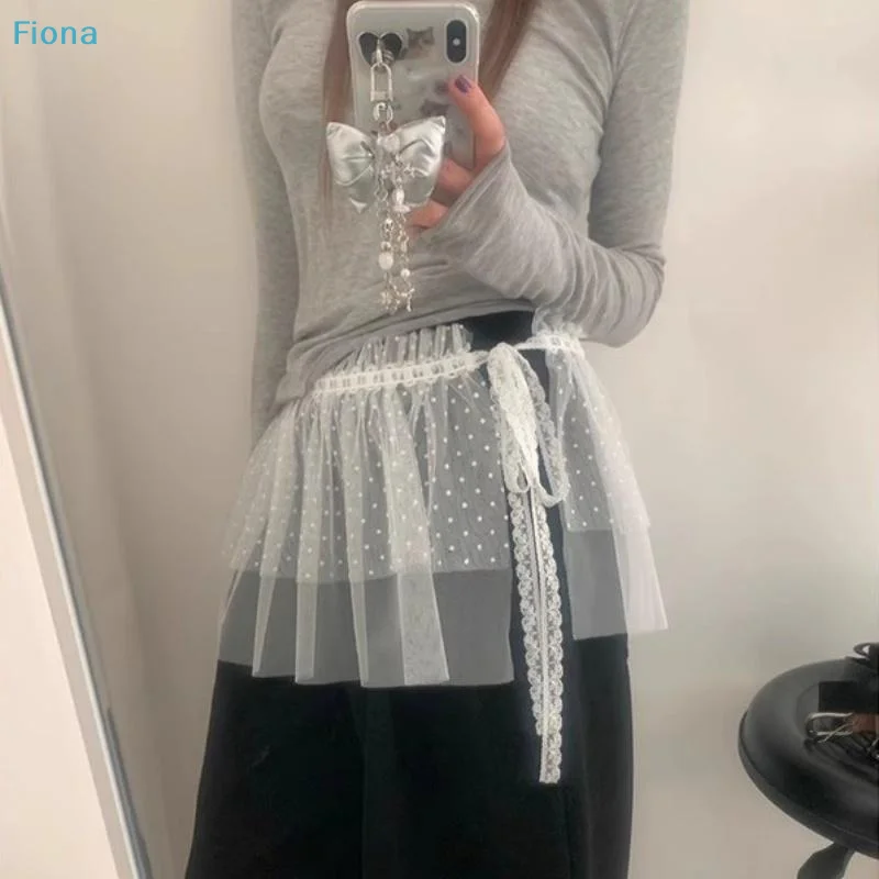 ☪Y2K Lace Skirt Curtain White Polka Dot Lace Mesh Halfbody Skirt Women Summer Bottoms Jeans Decorative Hemline