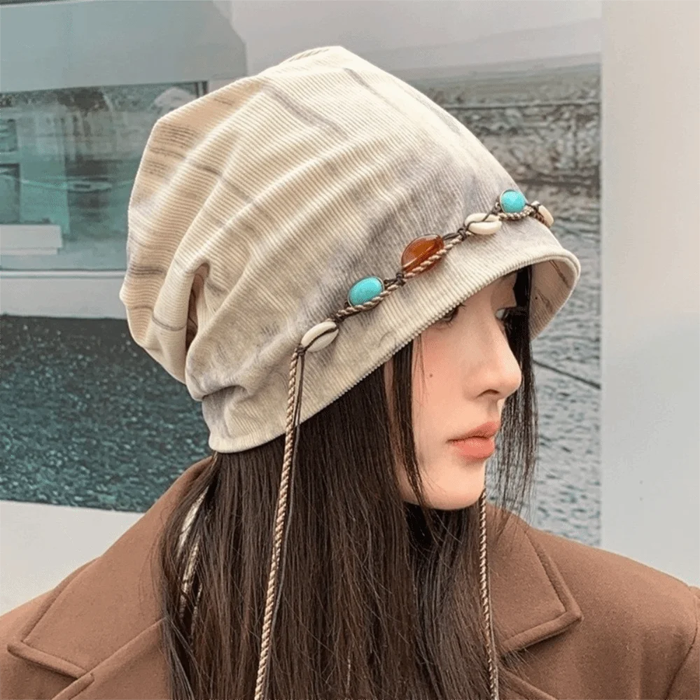

Vintage Beaded Decor Y2k Baggy Cap Korean Style Versatile Beanies Cap Big Head Circumference Warm Pullover Hats Streetwear