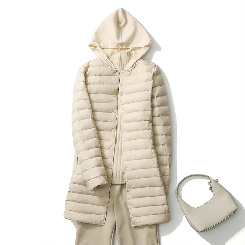 2025 Autumn Winter Women Knitted Hooded Patchwork Down Coat Warm Light White Duck Down Jacket Female Long Puffer Parkas Outwears