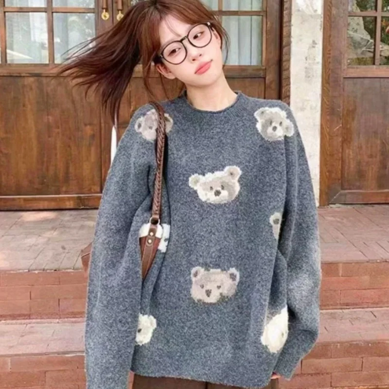 Harajuku Funny Cute Little Bear Head Jacquard Sweater Loose Baggy Long Sleeve Pullover New Winter Jumper Tops Korean Streetwear