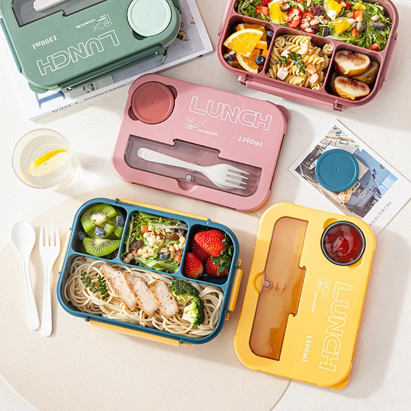 1300ML Portable Lunch Box with Grid Division Office Bento Box with Fork Spoon Microwavable Food Storage Container Kitchen Items