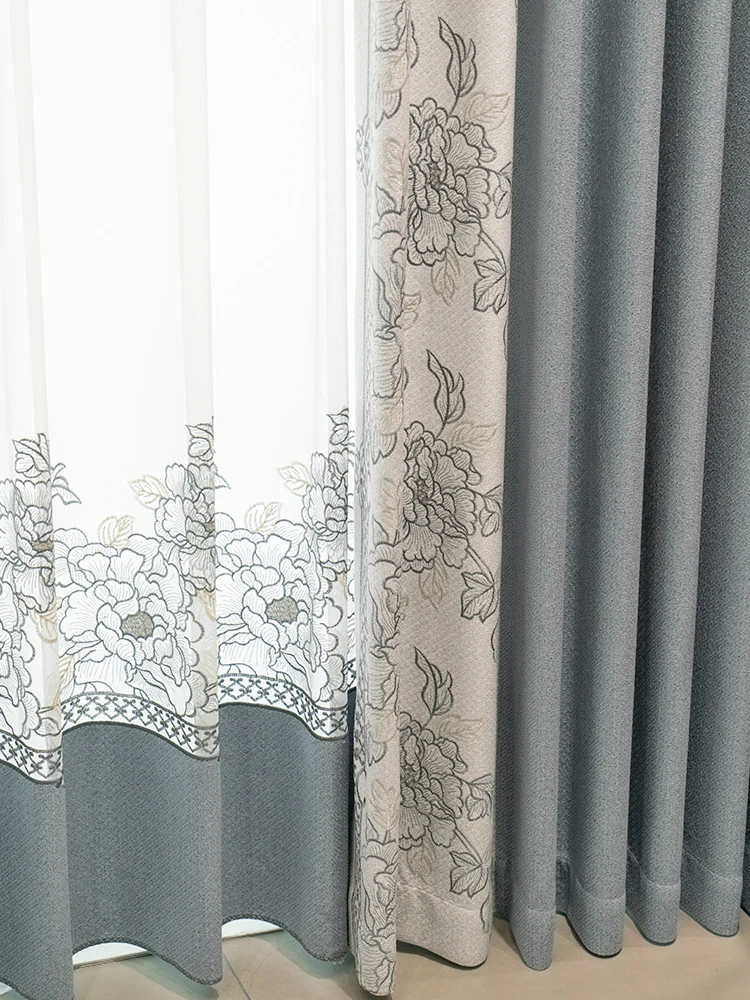 New Chinese Style Embroidered Window Screen, Blue Gray Jacquard Chenille Patched Curtains for Living Room Bedroom Study French