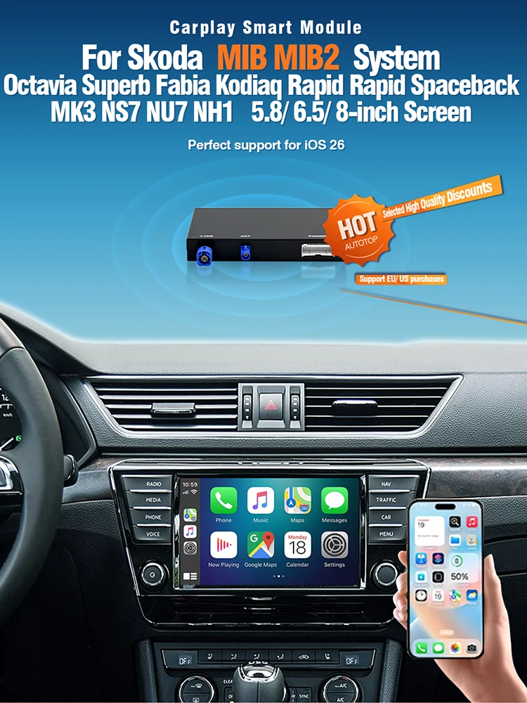 AUTOTOP Draadloze Android Auto CarPlay voor Skoda Octavia Superb Fabia Kodiaq Rapid Rapid Spaceback MK3 NS7 NU7 Ondersteunt OEM Camera - afbeelding 2