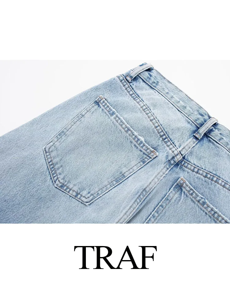 TRAF Women\'s New Fashoin Casual Blue Baggy Jeans Ripped Denim Pants Woman Vintage High Waist Wide Leg Pants Y2K Trousers Mujer