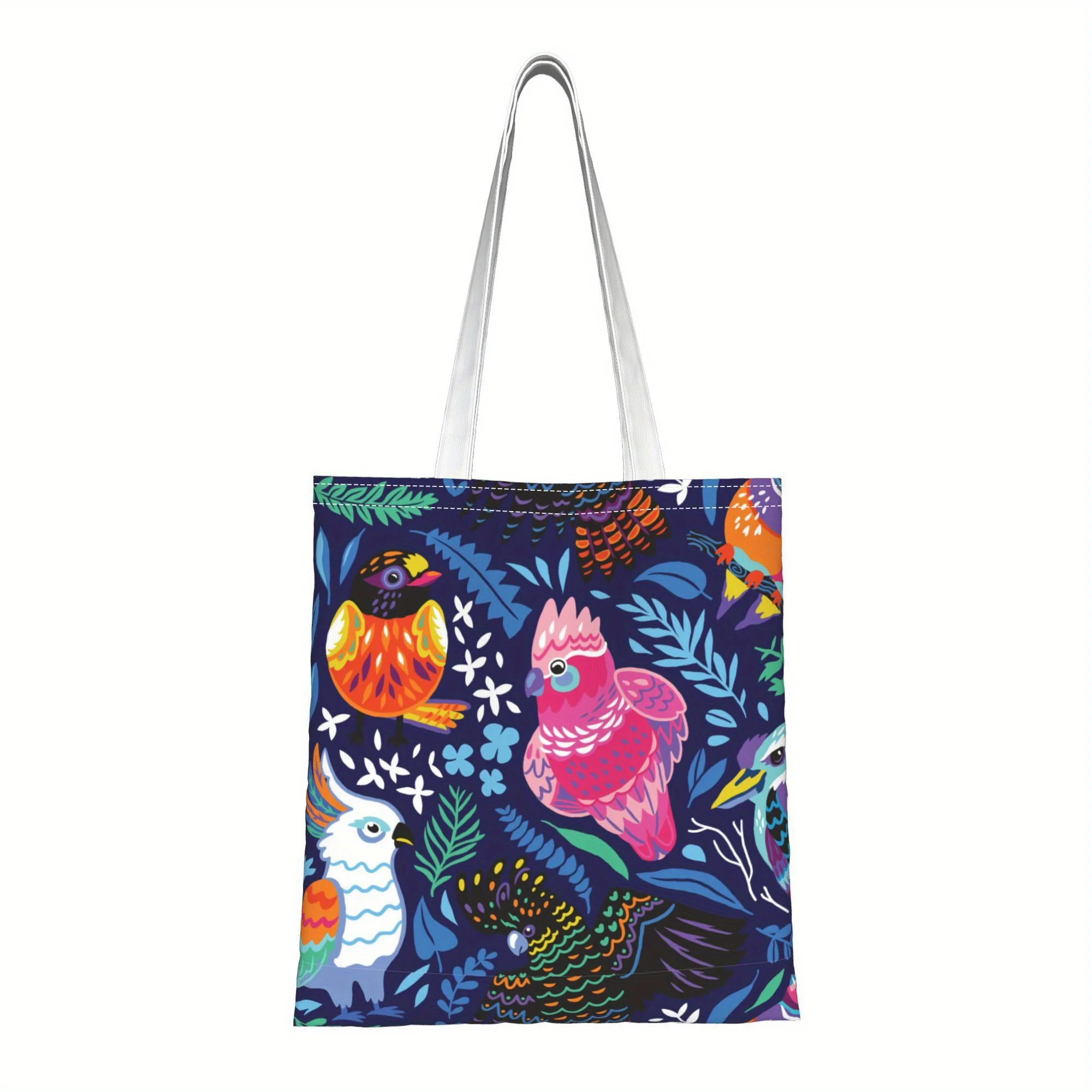 A Bright tropical parrots and floral patterns print canvas tote bag, suitable for daily use, shopping, school, and travel