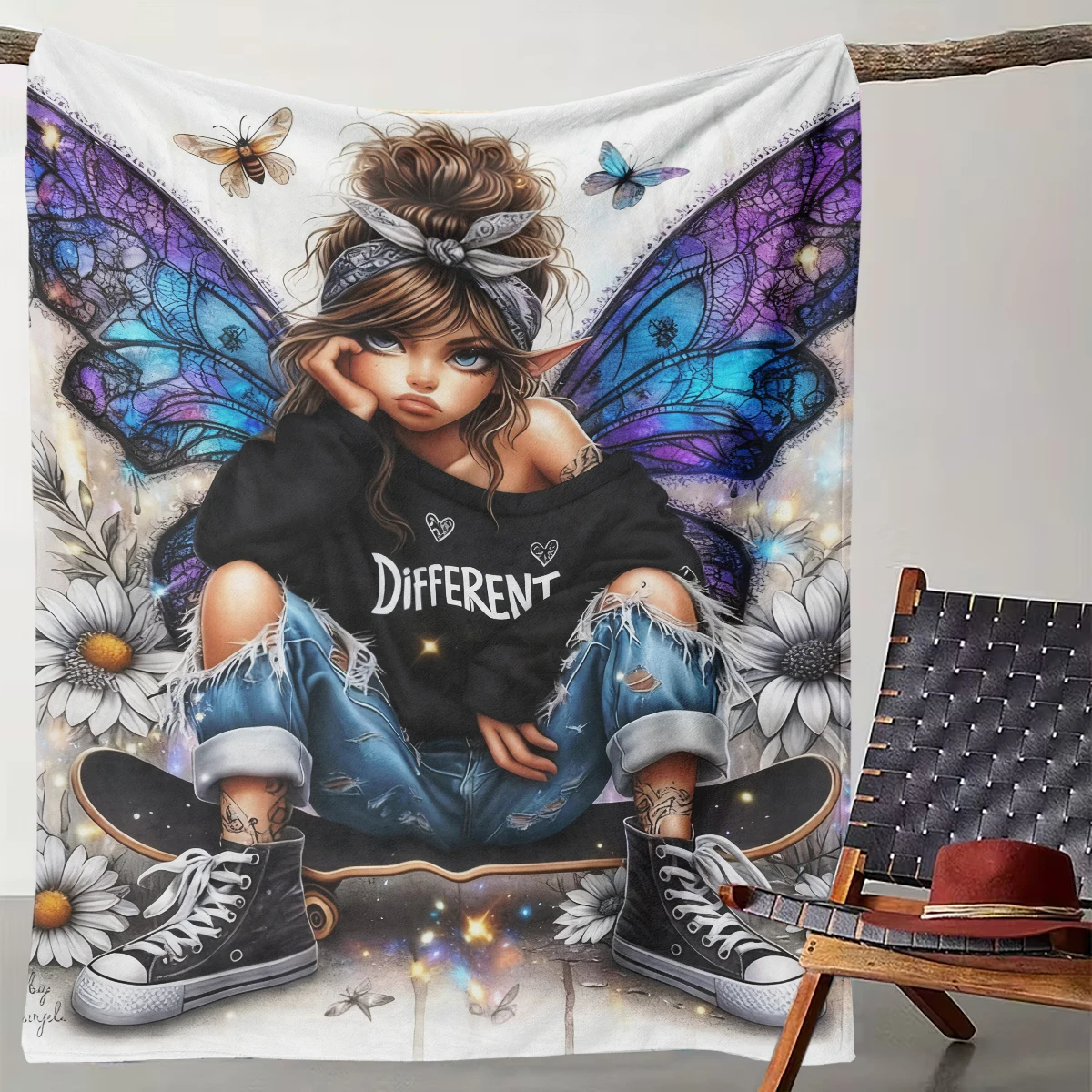 

1 Trendy and Cool Butterfly Elf Skateboard Style Blanket, Personalized Street Style Fantasy Home Decoration Warm Blanket