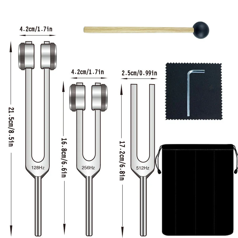 Tuning Forks Set 128Hz 256Hz 512Hz with Hammer & Bag, Professional Sound Therapy Instruments for Healing, Chakra, Yoga image 2