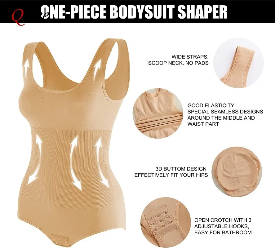 Qtree Women Seamless Shapewear Bodysuit Tummy Control Full Body Shaper Panties Waist Trainer Slimming Hooks Leotard Jumpsuits