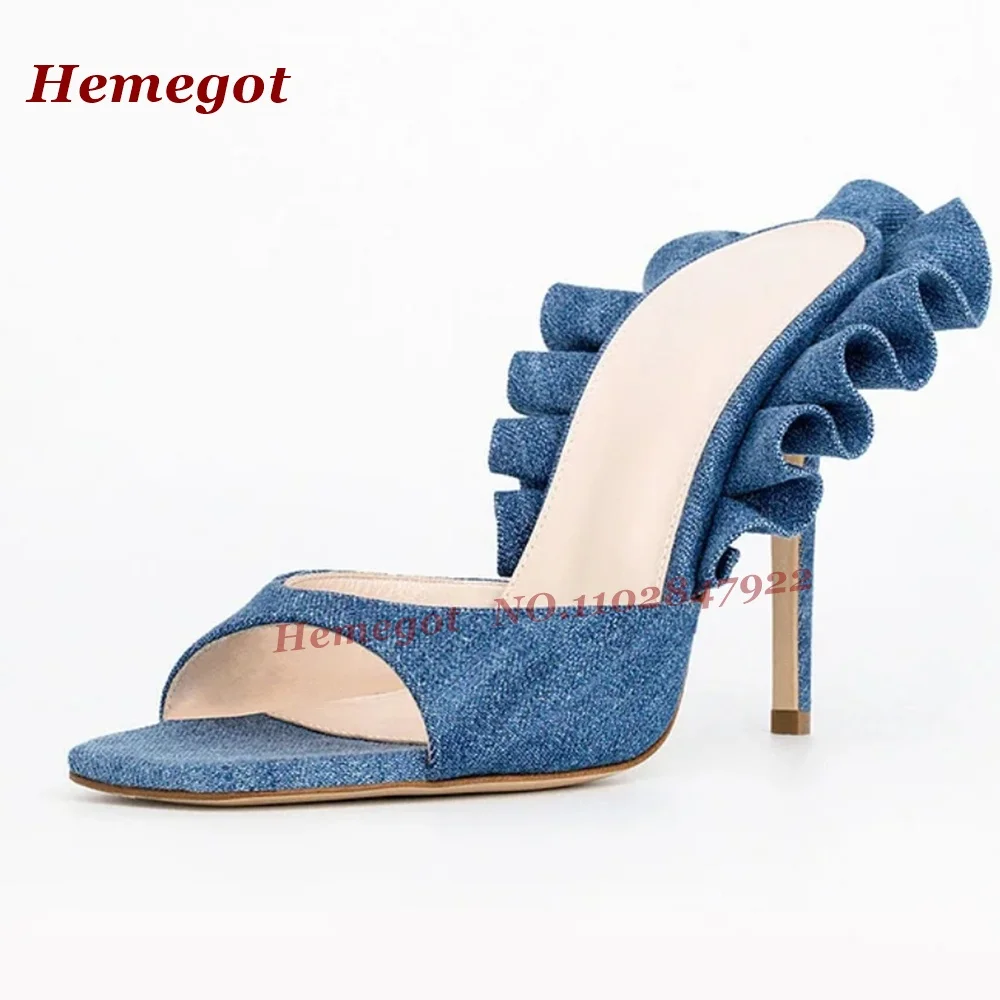 Denim Ruffle Stiletto Heels Slippers Open Toe Pleated Slip On Women's Mules Trendy Casual Party Shoes Summer Outside Elegant