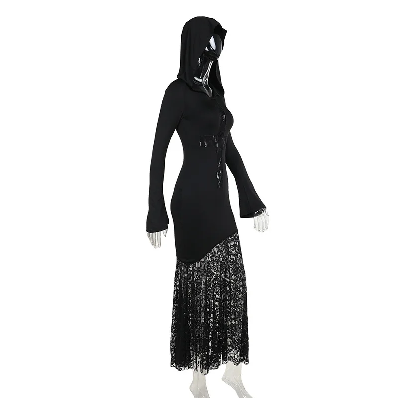 ONE TO WAN Goth Dark Elegant Damen Kapuzenkleid Mall Gothic Kreuz Ausgeschnittene Spitze Gespleißtes Party Acubi Sexy Bodycon Kleider Slim – Detail 20