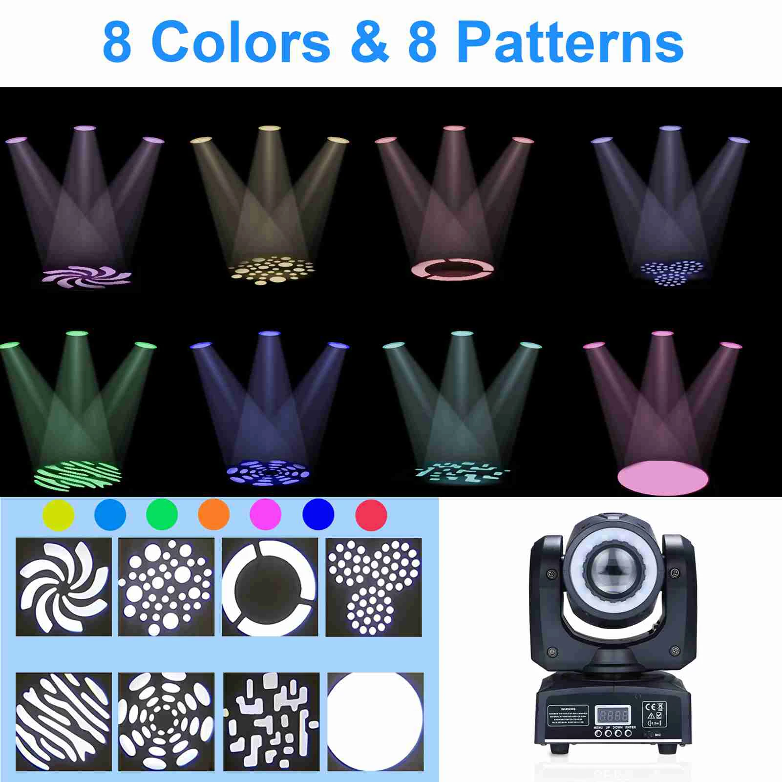 Aoresac 60W LED 무빙 헤드 라이트 8색 8패턴 DJ 조명 스포트라이트 DMX512 사운드 활성화 제어 무대 조명