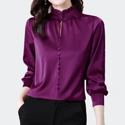 Fashion Woman Blouses 2024 Elegant Long Sleeves Solid Color Tops Office Lady Korean Style Satin Shirts Vintage Female Clothing