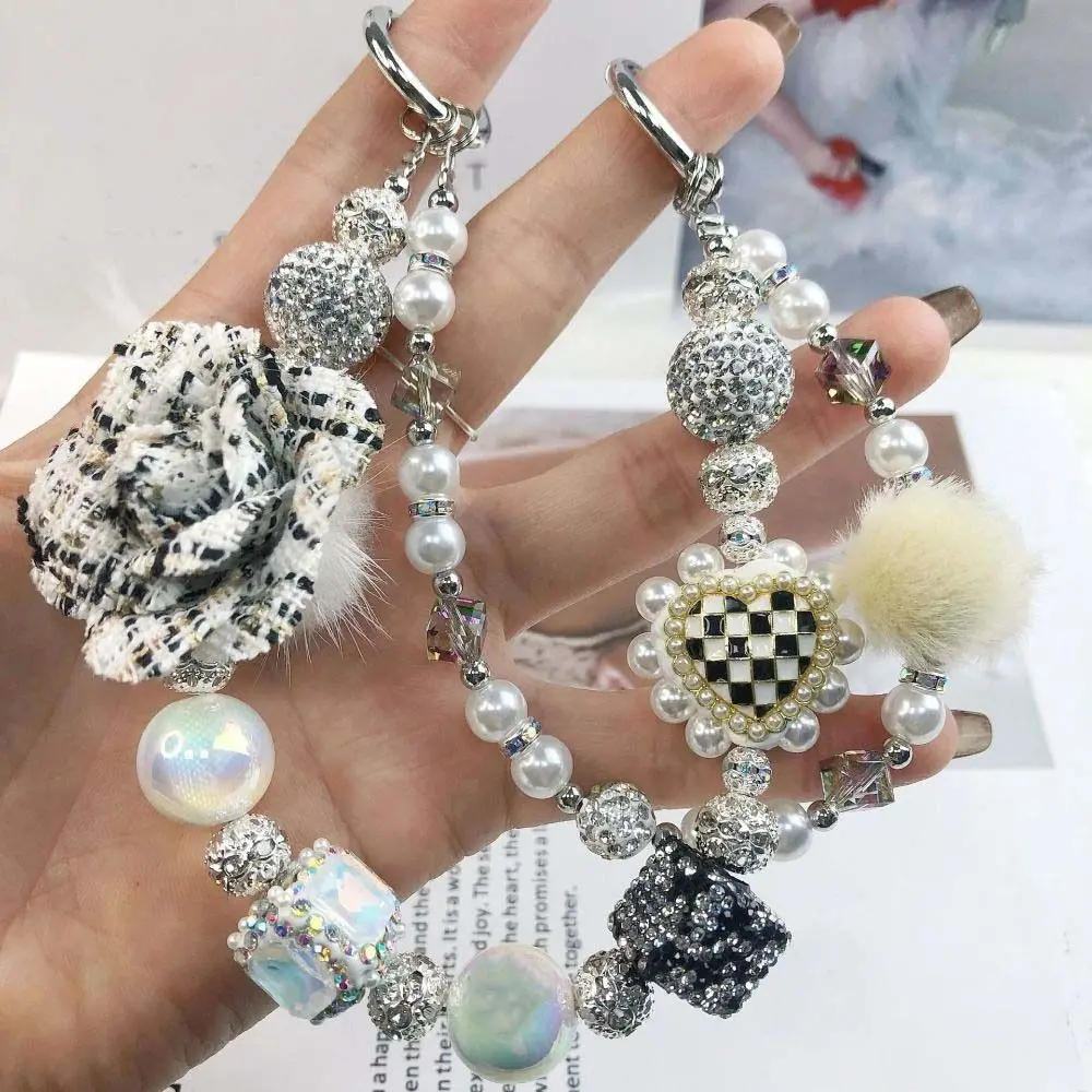 Blingbling Rhinestone Phone Chain Flower Double Strand Beaded Cell Phone Lanyard Tassel Handheld Camellia Key Chain