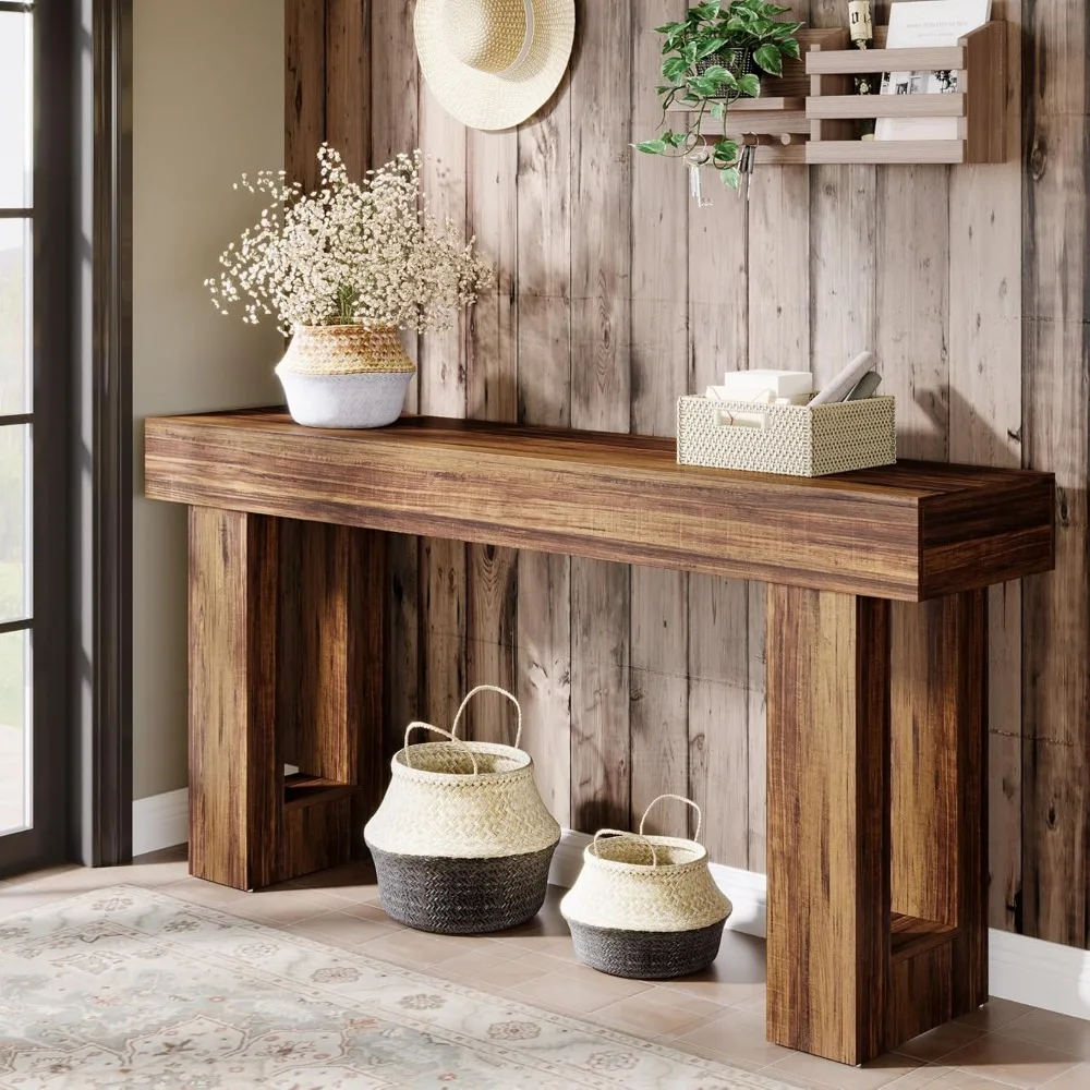 Farmhouse Style Narrow Console Table 63 Long for Sofa Back, Rectangular Wooden Entryway Table for Entrance Area