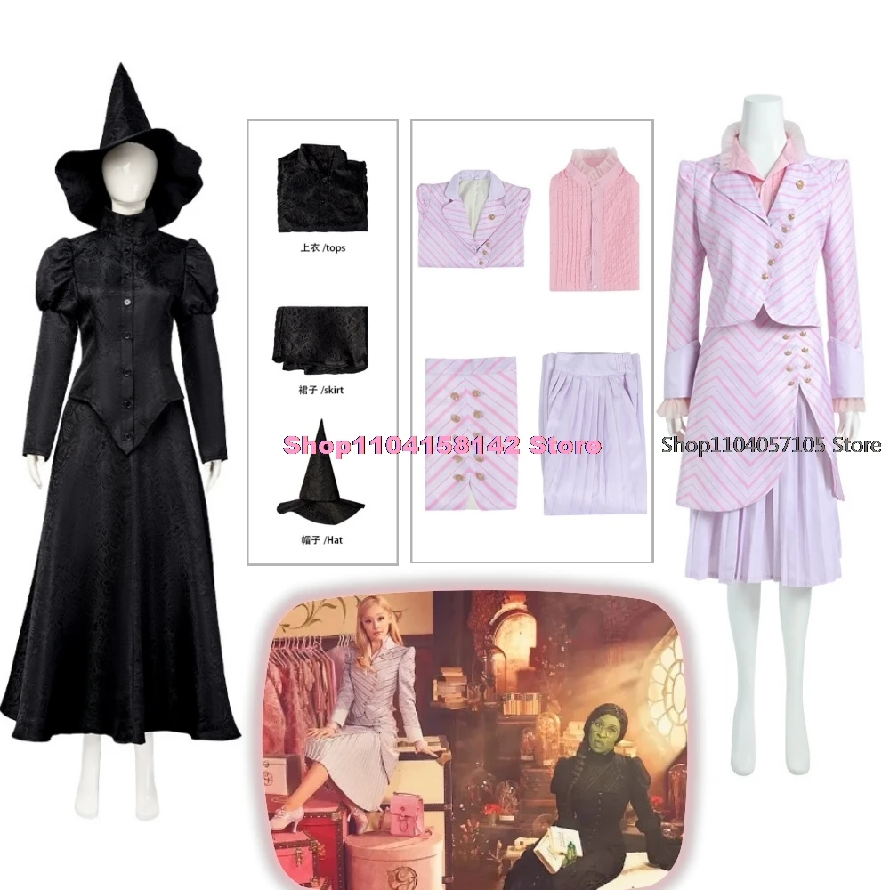 

Wicked Cosplay Witches Costumes Glinda Elphaba Clothes Gotic Movie Party Role-playing Pink Suit Black Dress Robe Hat 2024 New