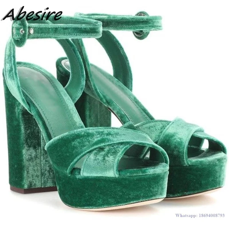 Abesire New Women\'s Sandals Solid Suede Platform Ankle Buckle Chunky High Heels Summer Green Shoes For Women Lady zapatos mujer