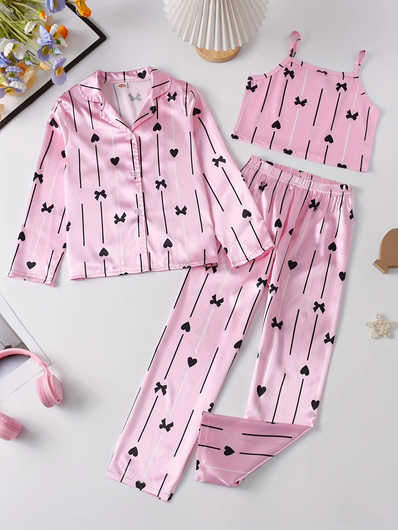 3-Piece Girls Striped Print Satin Pajama Set - Soft, Breathable Loungewear with Button Up Lapel Collar Blouse, Cami Top, Pants