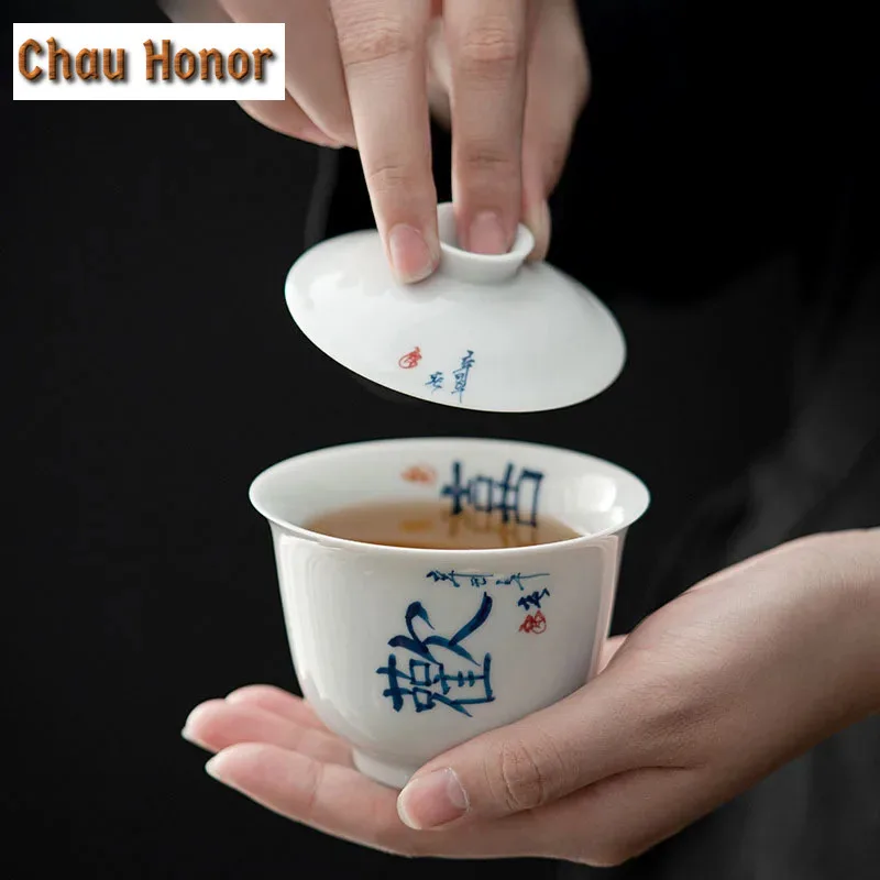 180ml White Porcelain Tureen Single Hand Painted Calligraphy Covered Bowl Tea Cup Tea Making Bowl Cup With Cover Kung Fu Tea Set