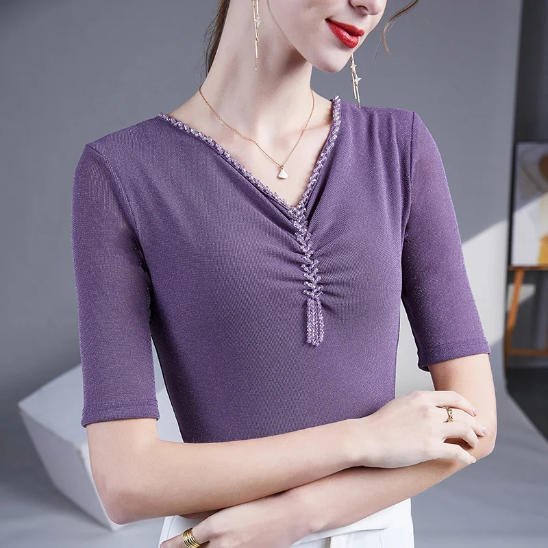 

New Spring Fashion V-Neck Beaded Mesh Multicolor T-Shirt Women's Casual Slim Fit Short Sleeve Blouse for Layering Trendy Top