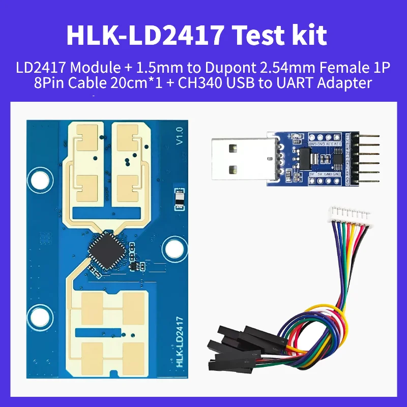 

Free Shipping HLK-LD2417 Test 24GHz FMCW MmWave Radar Test Kit with CH340 USB to UART Adapter Dupont Cable for Vehicle Detection