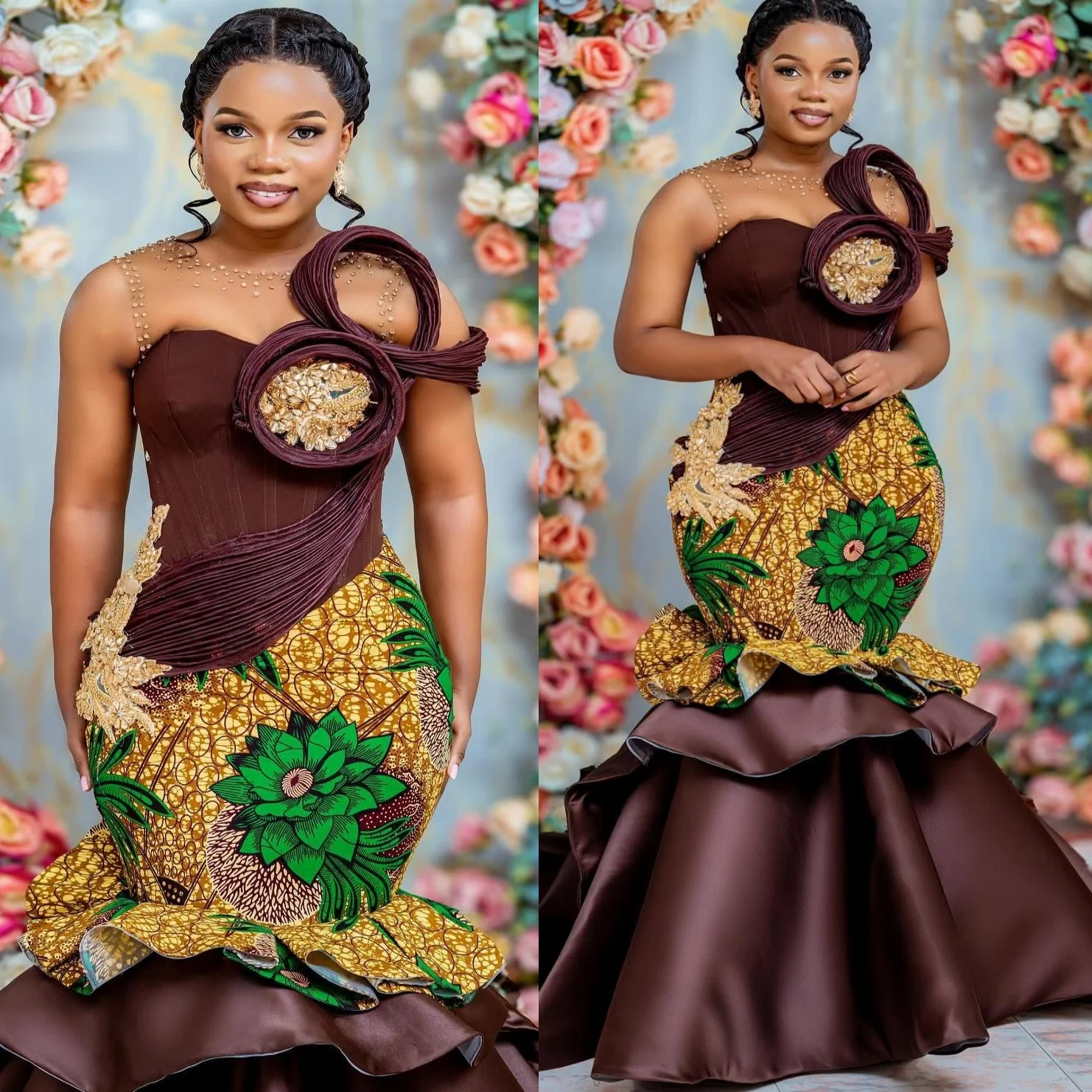 Bruin Afrikaanse Zeemeermin 2025, Prom Dresses Kralen Gedrukt Kristallen Satijn Avond Formele Partij Verjaardag Jurken Jurken ZJ 1224