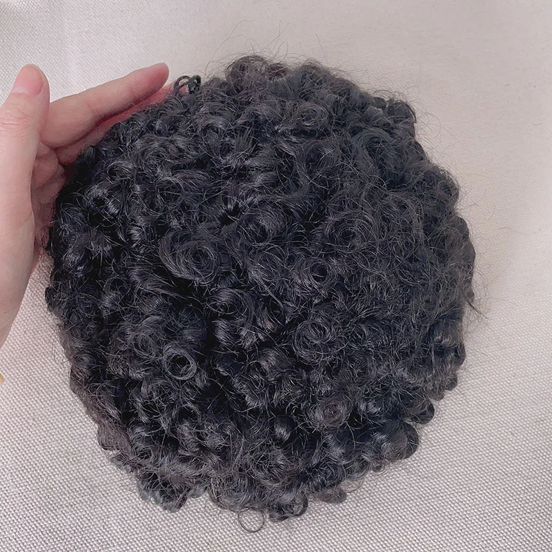 قطعة بديلة لشعر بشري هندي عذراء عالي الجودة غير معالج، قاعدة دانتيل كاملة مصنوعة يدويًا، شعر مستعار مجعد للرجال #2