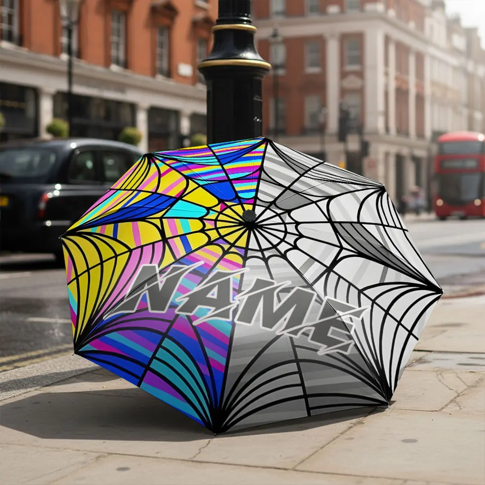 Custom Name umbrella, Colorful Spider Web and Stripes Pattern Fashion Folding Umbrella for Sunny and Rainy, Christmas Gift