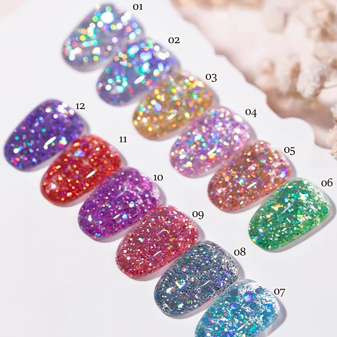 1-12pcs PSK Autumn Winter Nails Blue Red Glitter Gel Nail Polish Adhesive Sequins Burst Flash Popular Whitening Nail Supplies