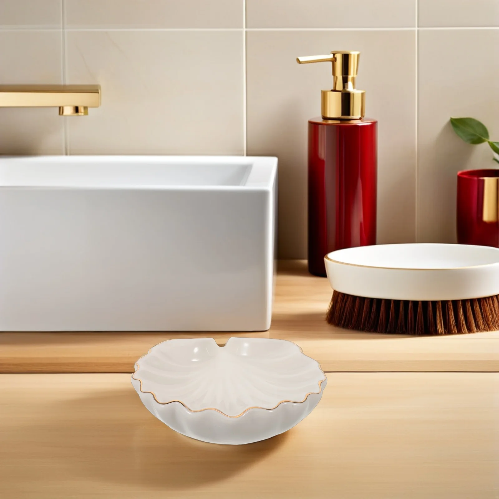 

Decorative Ceramic Soap Holder Shell Shape Draining Function Bathroom Sink Countertop Organizer Jewelry Trinket Tray