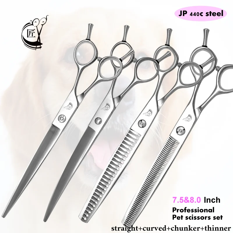 Crane 7.5/8.0 Inch Professional Pet Scissors Set Dog Grooming Straight Curved Chunker Thinning Shears High Quality JP440c Steel