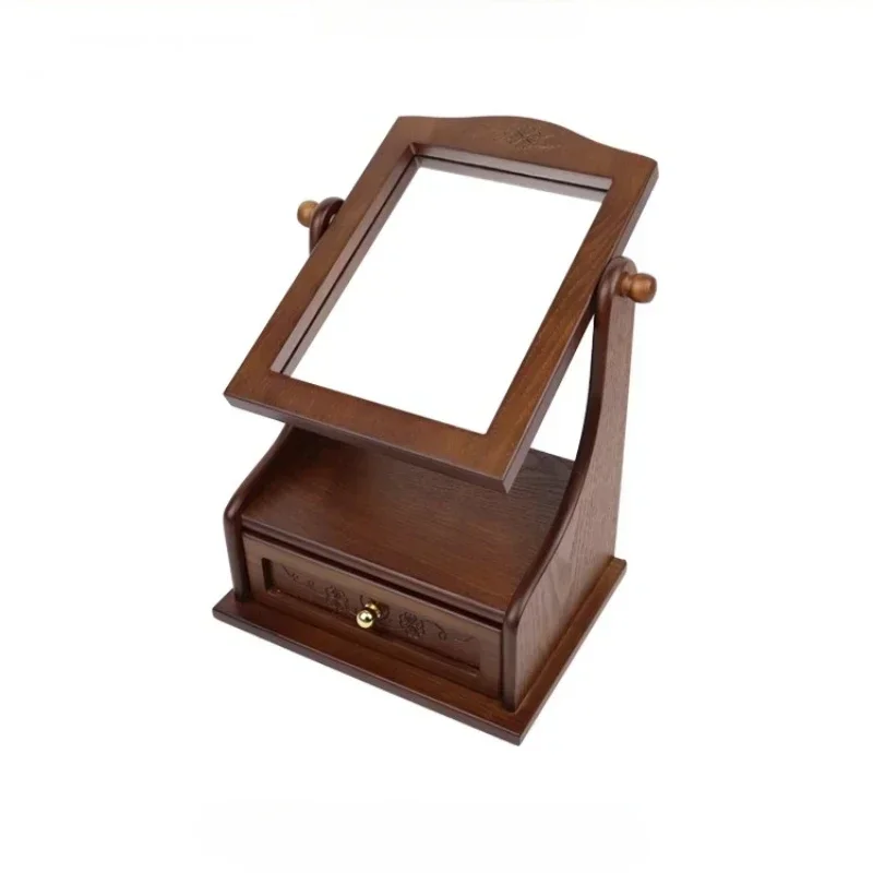 Wooden Desktop Makeup Mirror Bedroom Dressing Stand Jewelry Box Storage Drawer Large Retro Living Room Decor Container