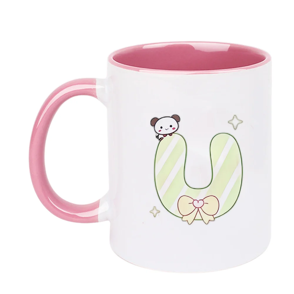 11oz Ceramic Coffee Mug with Green Striped U-Shaped Panda Print and Bowknot Design for Home Use Office Drinking Birthday Party H