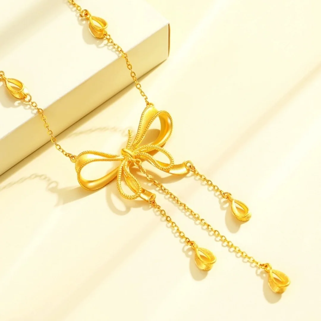 

Real 18K Gold Ribbon Bow Tassel Necklace Au750 Non Demolding Gold Escape Princess Chain Set Women's Boutique Jewelry Gift X0028