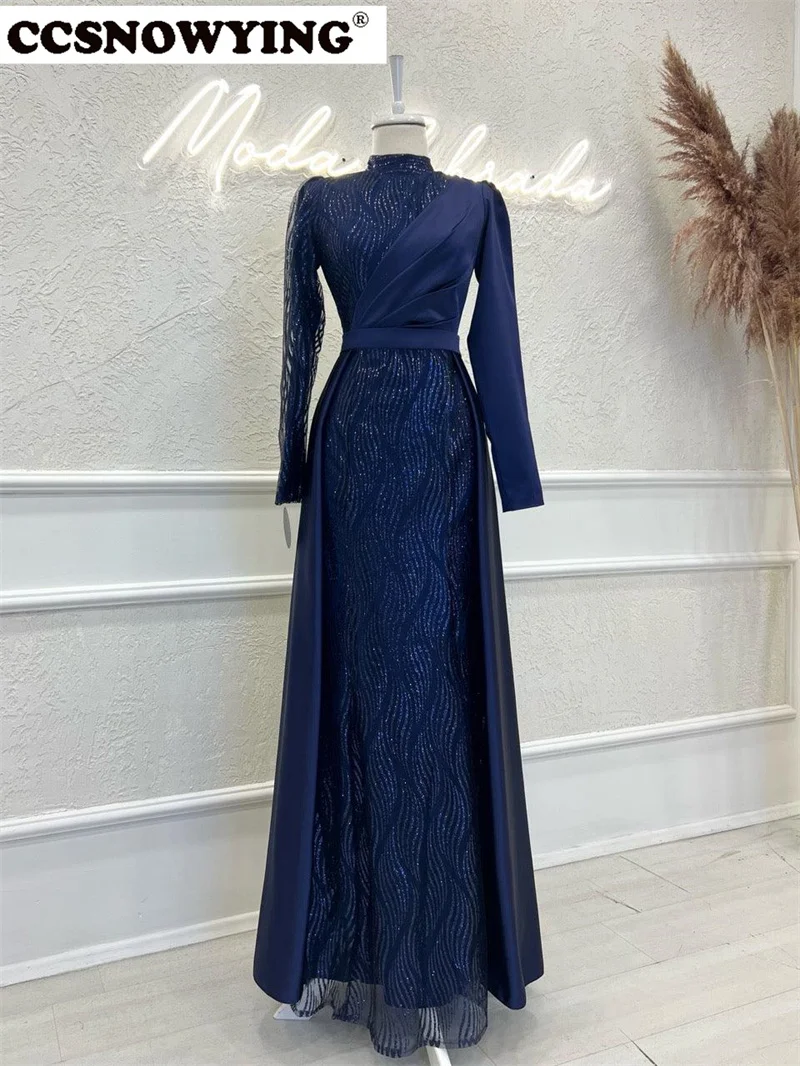 

Satin Navy Blue Appliques Muslim Evening Dresses Long Sleeve Islamic Formal Party Gowns High Neck Women Arabic Robes De Soirée