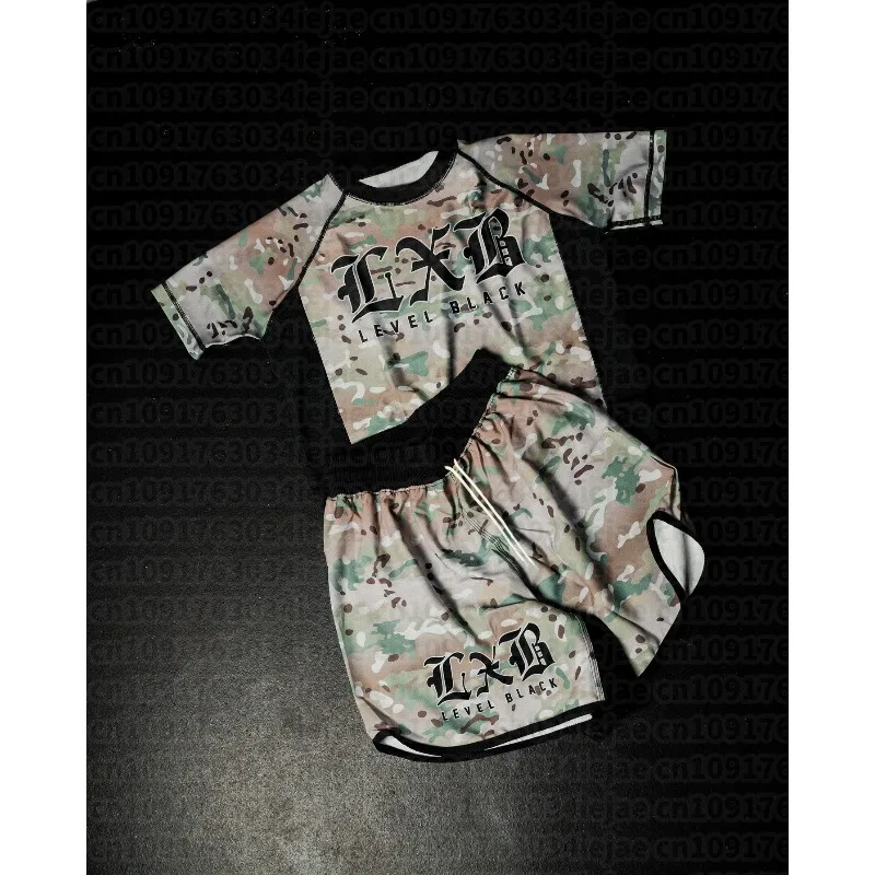 2026 New Level Black Camo Set Men's Kid Quick Drying Rash Guard & Shorts Breathable MMA Training Suit Streetwear Sportswear